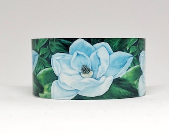 Cuff Bracelet, Magnolia flower with green leaves, Cuff Bracelet, Sublimated, Adjustable, Lightweight Aluminum