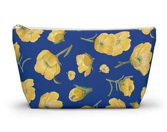 Accessory Pouch w T-bottom, Buttercups, Dark Blue Background, Oklahoma Wildflower, Yellow Floral