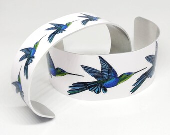 Cuff Bracelet, Little Gem, Hummingbird Art, Blue, Green, Sublimated, Adjustable, Lightweight Aluminum, Native Made, Hummingbird Jewelry