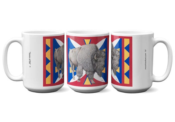 Coffee Mug, Bison, Buffalo, Stories of Old, Yellow, Red, White, Parfleche Design, Native American, Image Sublimated onto a Ceramic Cup.