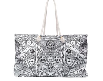 Weekender Bag featuring Black & White Tribal Motif, Tote Bag, Mound Symbols, Native Design