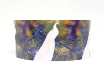 Cuff Bracelet, Splendor, White  Peacock on a purple Wisteria vine, gold and green background,  Sublimated, Adjustable, Lightweight Aluminum