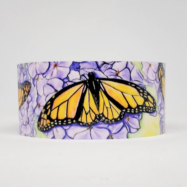 Cuff Bracelet, Monarch Butterfly on Purple Hydrangea, Native Made, Sublimated, Adjustable, Lightweight Aluminum
