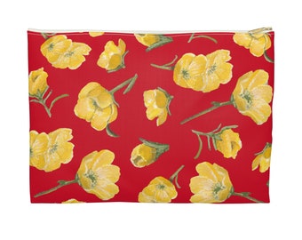 Accessory Pouch, Buttercups, Red Background, Oklahoma Wildflower, Yellow Floral