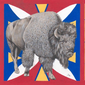 May include: A detailed illustration of a bison, rendered in shades of gray, stands prominently against a backdrop of red, blue, yellow, and white geometric patterns. The artwork is titled "Stories of Old" and includes the website moonhawkart.com.