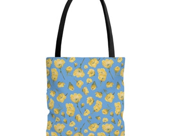 Tote Bag, Buttercups, Light Blue Background, Oklahoma Wildflower, Yellow Floral