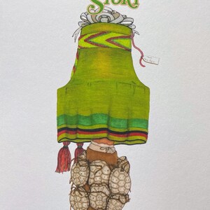 May include: An illustration titled 'A Native Christmas Story'. The artwork depicts a figure in a green garment with red tassels, a turtle shell skirt, and a red trainer. The title is in green and red.