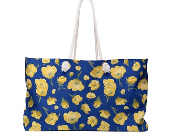 Weekender Bag, Buttercups, Dark Blue Background, Oklahoma Wildflower, Yellow Floral