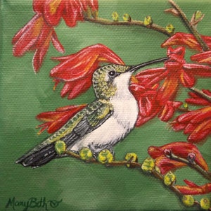 Ceramic Tile, Debutante, Hummingbird with Red Flowers, Sublimated, Easel Back, Hang Tab, Made in America