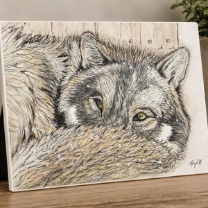 Ceramic Art Tile, PeekaBoo, Wolf curled up in the snow art, image sublimated on a decorative, ceramic tile w easel back and tab for hanging.