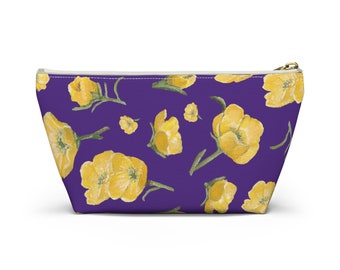 Accessory Pouch w T-bottom, Buttercups, Purple Background, Oklahoma Wildflower, Yellow Floral