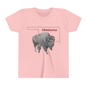 Kid's Tee, Oklahoma Bison, Youth Short Sleeve Tee, Buffalo, Native Design Pink