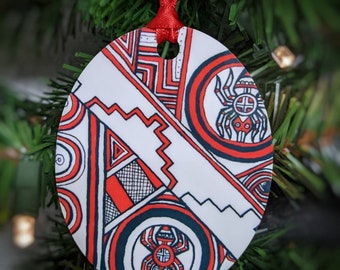 SouthEast Spiders, Native American, mound spider motif, double sided image, sublimated onto aluminum metal ornament with red ribbon tie