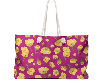 Weekender Bag, Buttercups, Hot Pink Background, Oklahoma Wildflower, Yellow Floral