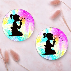 Neoprene Car Cupholder Coasters - Set of 2 Tie Die with Girl Colorful Blowing Dandelion