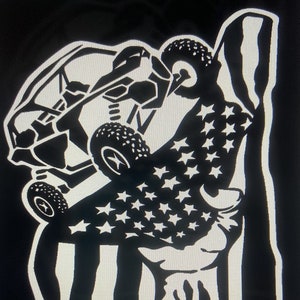 May include: Black and white graphic design of an off-road vehicle driving up a hill with an American flag design. The vehicle is partially obscured by the flag.