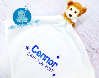Manta de apego personalizada para bebé, nombre bordado, juguete de peluche de mono travieso