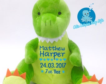 Personalized Dinosaur Plush, Embroidered New Baby Gift