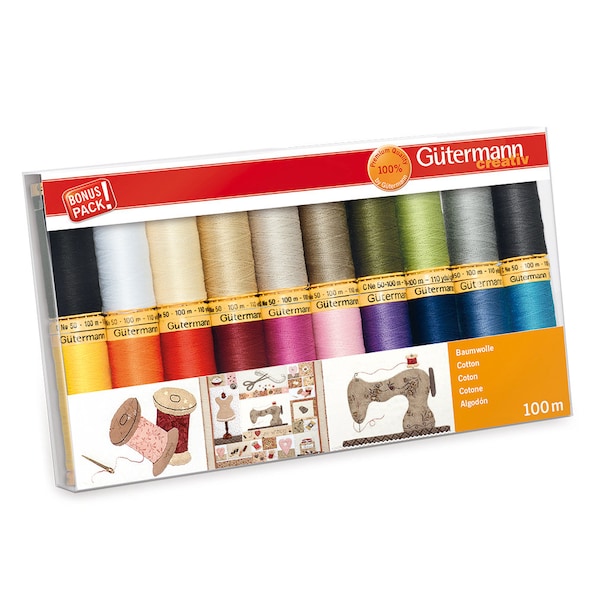 Gutermann 100% Natural Cotton Thread Set 100m Main et Machine 20 Bobines Assorties