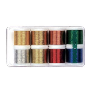 May include: A clear plastic box containing eight spools of metallic thread. The spools are arranged in two rows of four. The colours of the thread are gold, silver, copper, red, green, and blue.