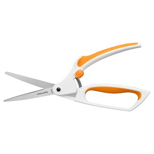 May include: White and orange gardening shears with a spring-loaded handle. The shears are labeled "FISKARS" on the blade.