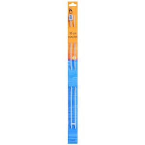 May include: A pair of 2.25 mm knitting needles, 30 cm long, packaged on a blue and orange card. The needles are made of metal and are silver in colour.