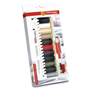 May include: A set of 10 spools of Gütermann thread in various colours, including white, beige, brown, red, black, and grey. The set also includes a stitch counter and a small piece of fabric.