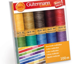 Gutermann 100% Natural Cotton Thread Set 100m Hand and Machine - 10 Assorted Reels