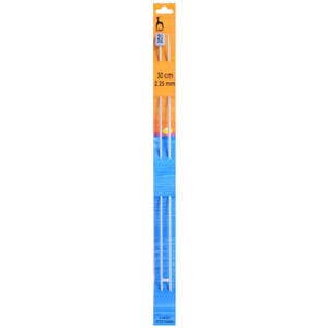May include: A pair of 2.25 mm knitting needles, 30 cm long, packaged on a blue and orange card. The needles are made of white plastic and are designed for knitting.