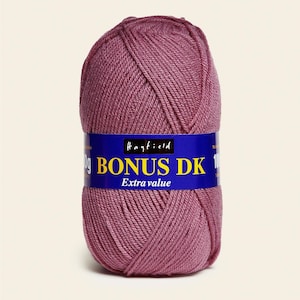 May include: A ball of mauve yarn with a blue label that reads "Hayfield Bonus DK Extra Value".