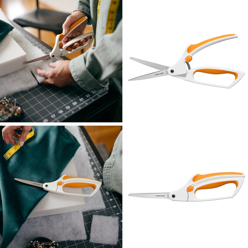 May include: A pair of Fiskars fabric shears with orange handles. The shears are shown cutting fabric on a cutting mat.