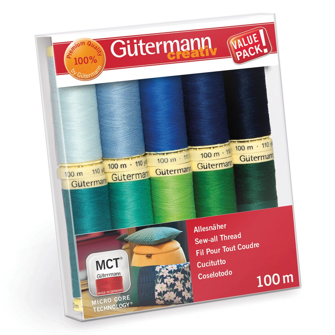 Gütermann Allesnäher Nähgarn-Set – 14 Spulen à 100m, Polyester, In Grün, Rosa, Blau, Für Nähmaschine & Handarbeit