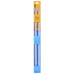 May include: A pair of white 9 mm knitting needles, 30 cm long, packaged on a yellow and blue background.