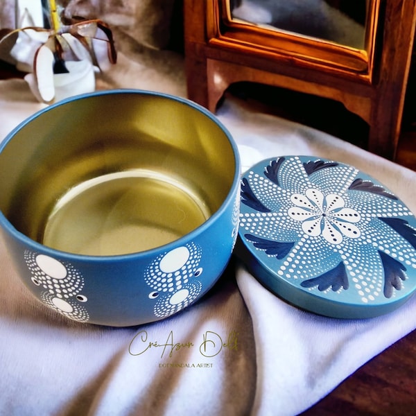 Pot bleu turquoise en métal mandala dot painting, pot pour fabrication de bougies, pot pour thé séché, pot pour bonbons, pot pour coton
