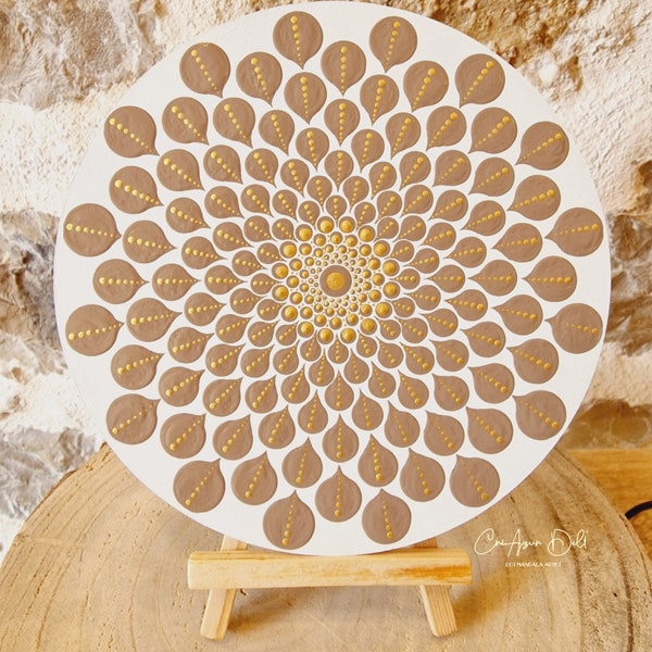 Tableau mandala blanc et doré sur bois, décoration à poser, décoration d'intérieur