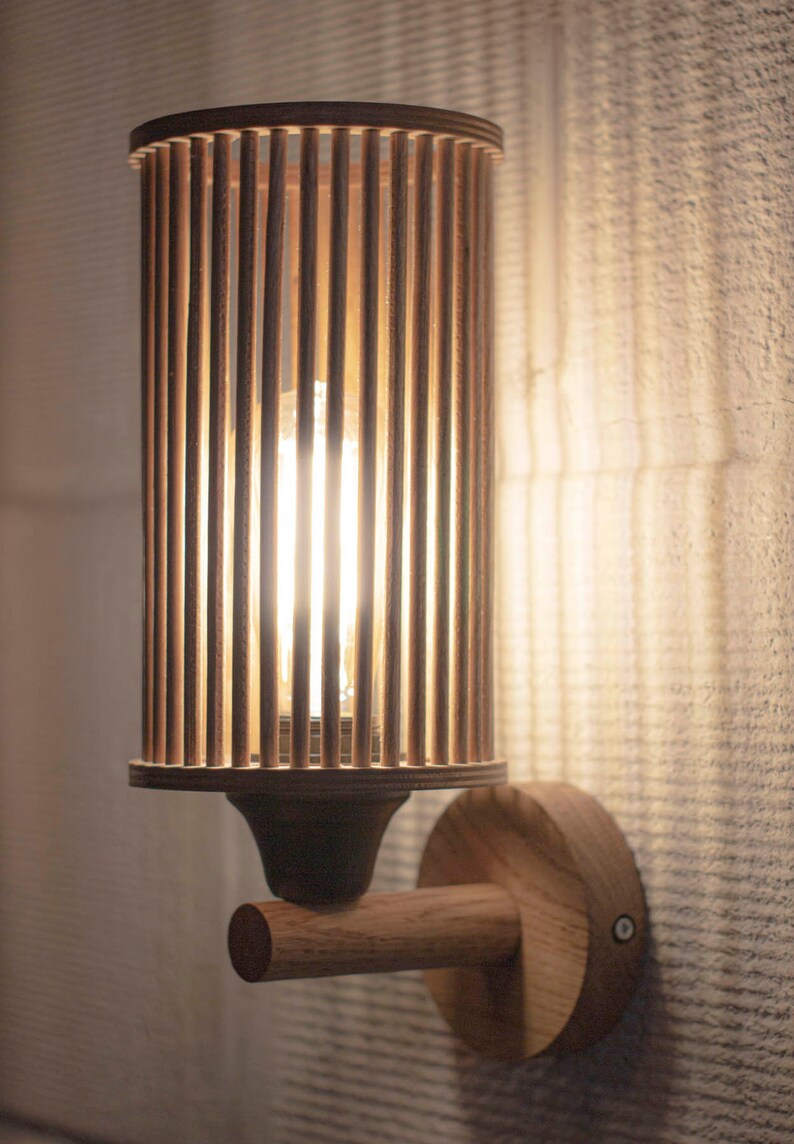 Wall sconce with wooden dowel light shade Etsy