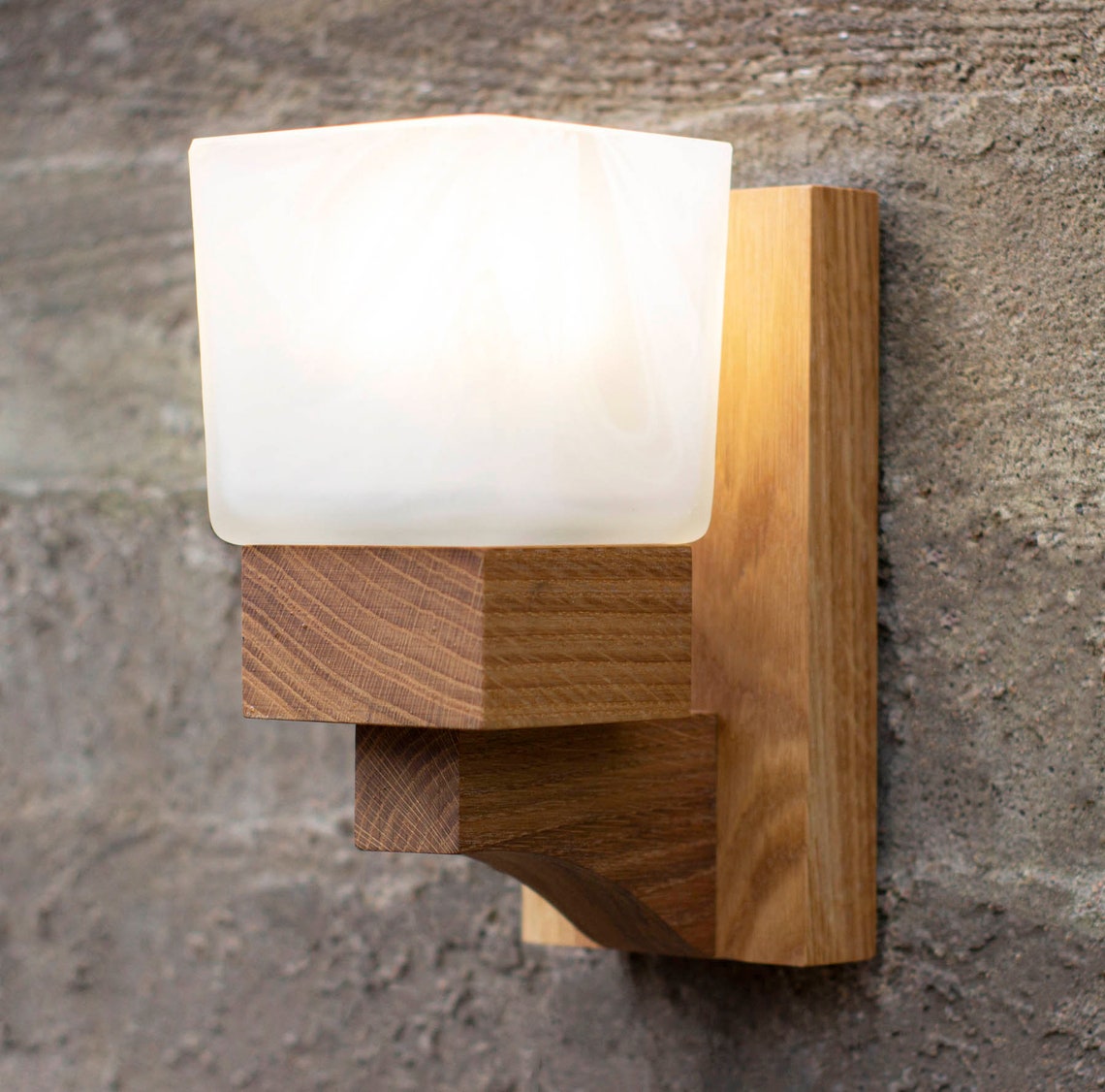 Wooden wall sconce with cube glass shade Etsy