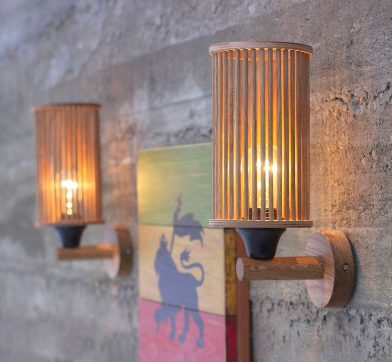 Wall sconce with wooden dowel light shade Etsy