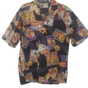 Vintage Hilo Hattie Mens Havaiano Floral Cartão Postal Estampa Camp Camisa L
