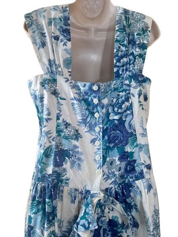 VTG Ulterior Motives Womens A Line Midi Dress Delft Blue Floral Button Bow L View 4