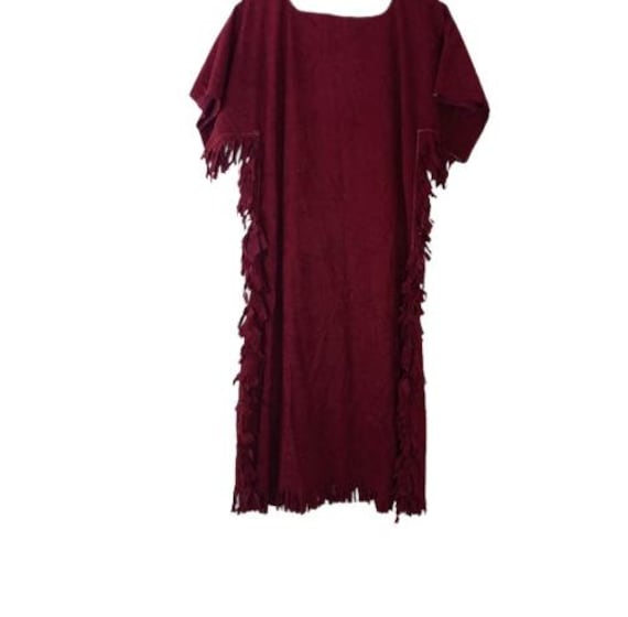 Vintage Handmade Womens T Shirt Dress Burgundy Fringed Beaded Southwest Boho M