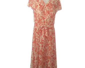 1970s Bleeker Street Coral Floral Ruffle Tie Waist Chiffon Midi Dress Size 18