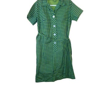 May include: A green and navy blue checkered dress with short sleeves and a collared neckline. The dress has a button-down front, a matching belt, and is hanging on a white hanger. The dress is made of a lightweight fabric.