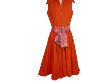 Robe trapèze plissée pour femme vintage des années 1960, crêpe orange à col en pointe 6