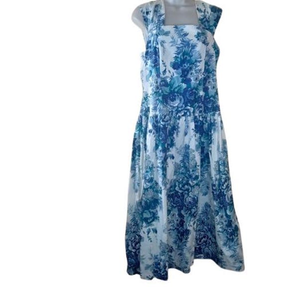 VTG Ulterior Motives Womens A Line Midi Dress Delft Blue Floral Button Bow L