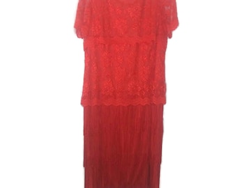 Vintage Serbin Red Lace Fringe Hem Midi Dress Size 10
