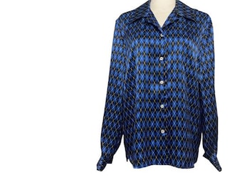 VTG Norton McNaughton Womens Harvard Square Button Up Shirt Blue Harlequin Argyle Satin 10 Preppy