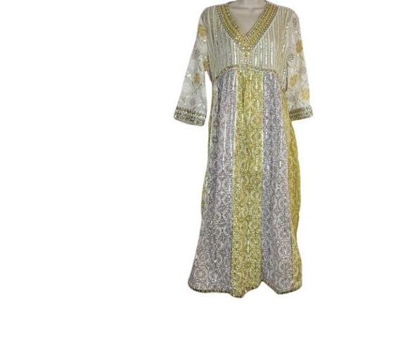 Unbranded Womens Sharhara Midi Dress Cream Green Metallic High Side Slits  US M - Etsy
