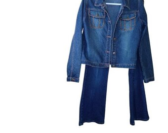 Vintage Neeso damesdenimset halfhoge bootcut jeans en jas verfraaid 10