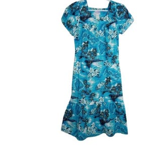 Vintage KY Fashions Mujeres MidiKaftan Muumuu Azul Tropical Beach Hawaii Mapa Impresión Volantes Dobladillo Costero Chic L